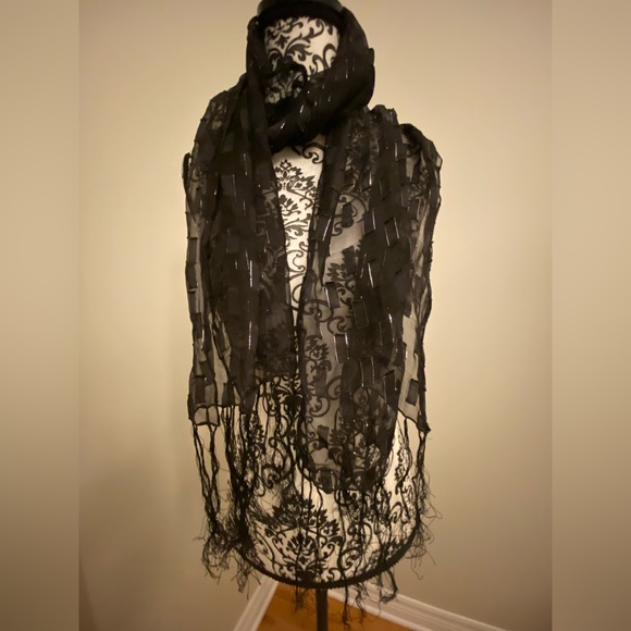 Black Sheer Scarf with Silver Thread pattern - Picture 1 of 3